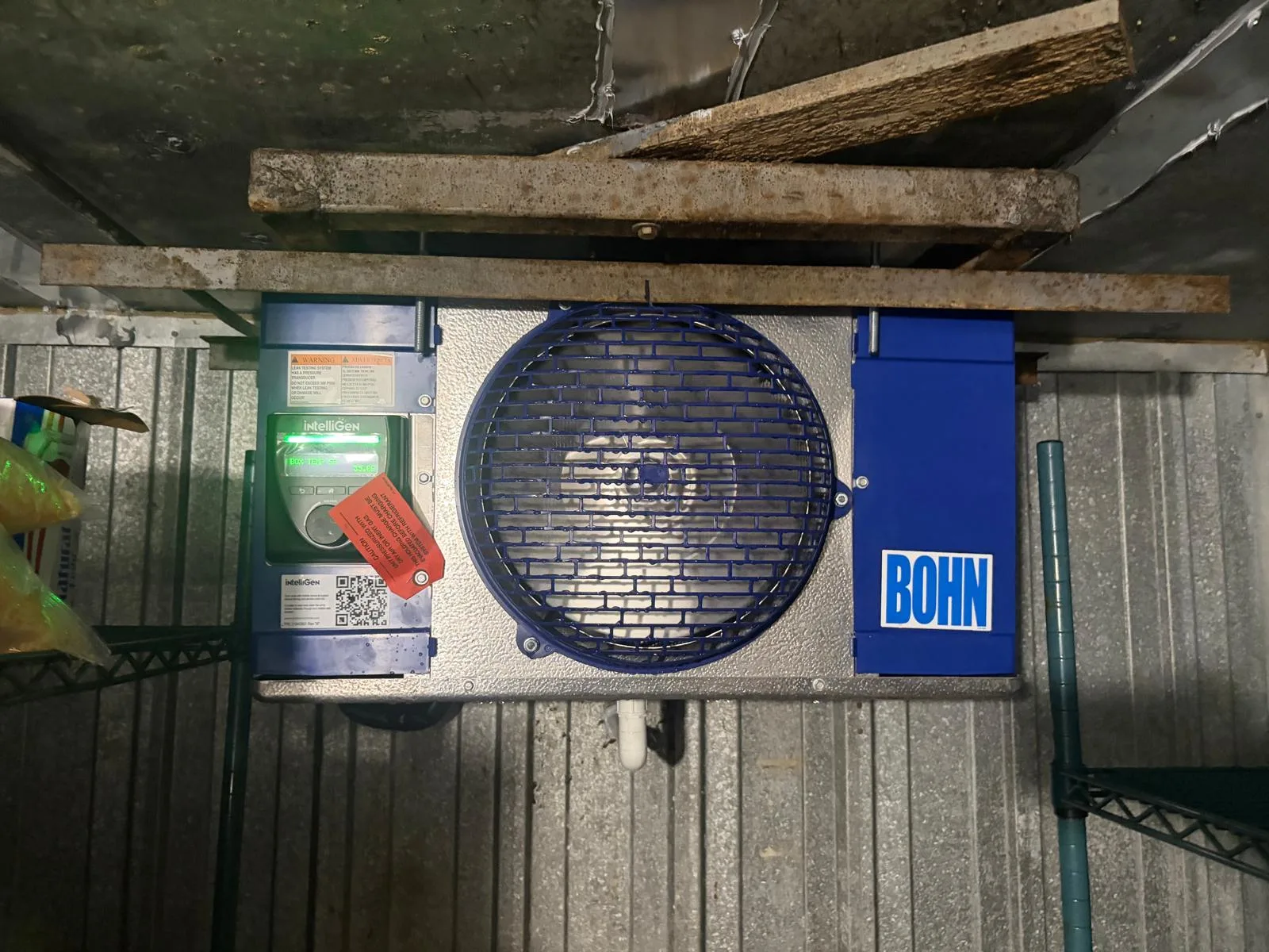 Close-up of Bohn single-fan walk-in cooler evaporator unit